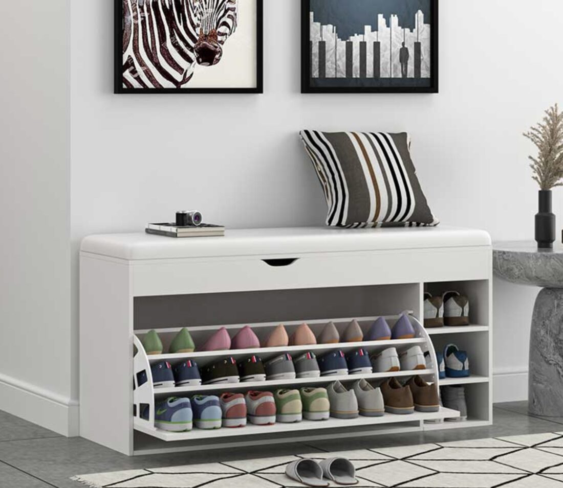 White shoe rack and bench