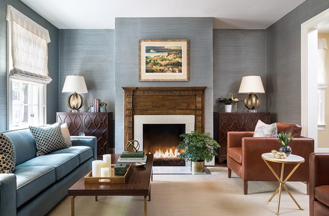 Living room with blue grasscloth