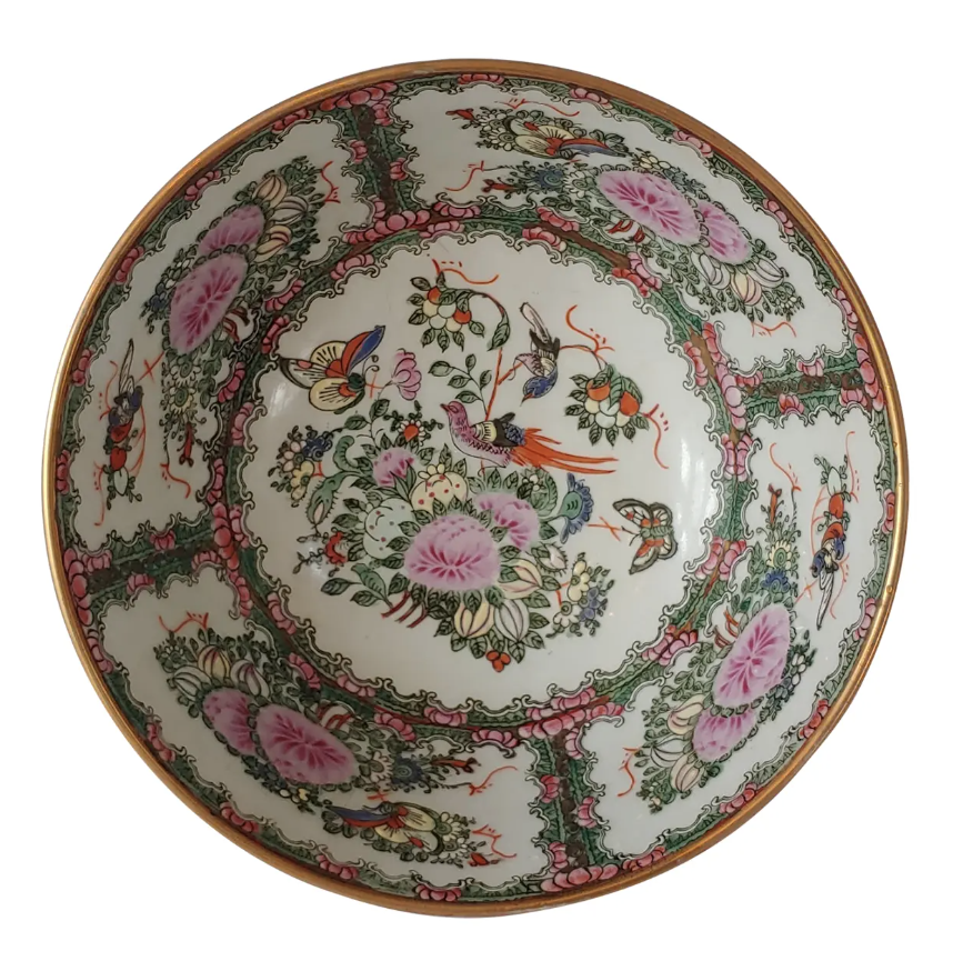 Vintage Chinese bowl with pink floral pattern