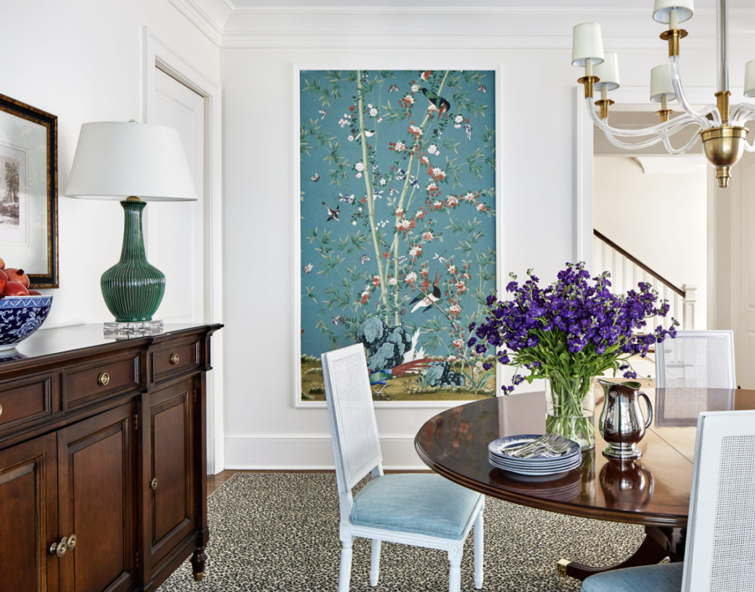 Large aqua Chinoiserie panel on a dining room
