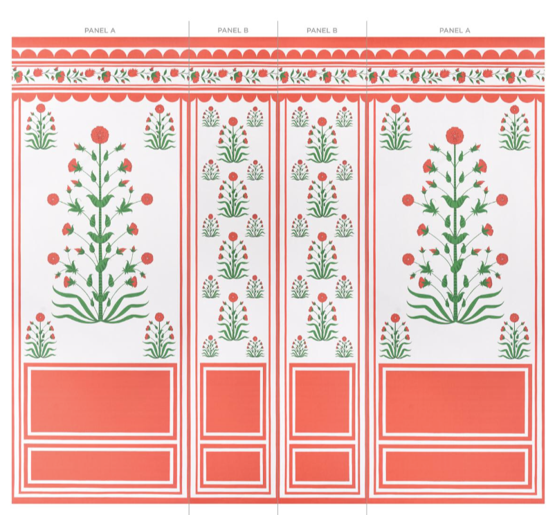 Red and white floral wallpaper panels