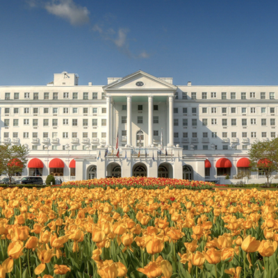 Greenbrier resort with yellow tulips