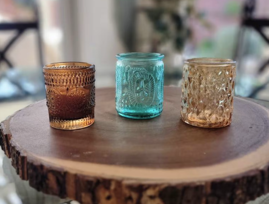 Brown and blue glass votive candle holders