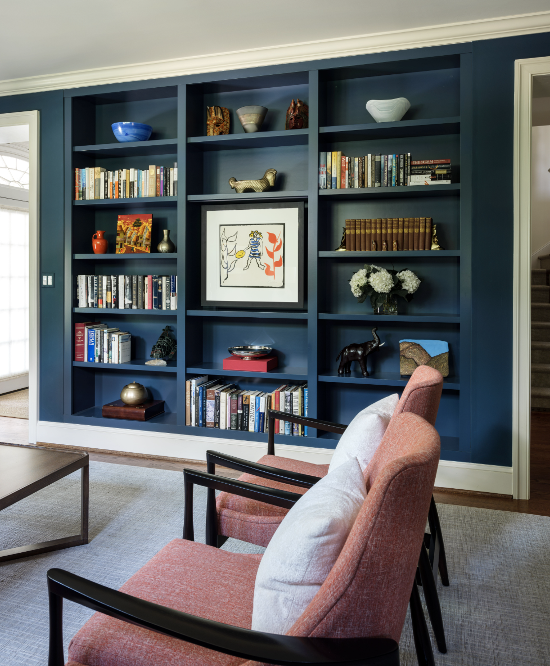 Blue built-in bookcases