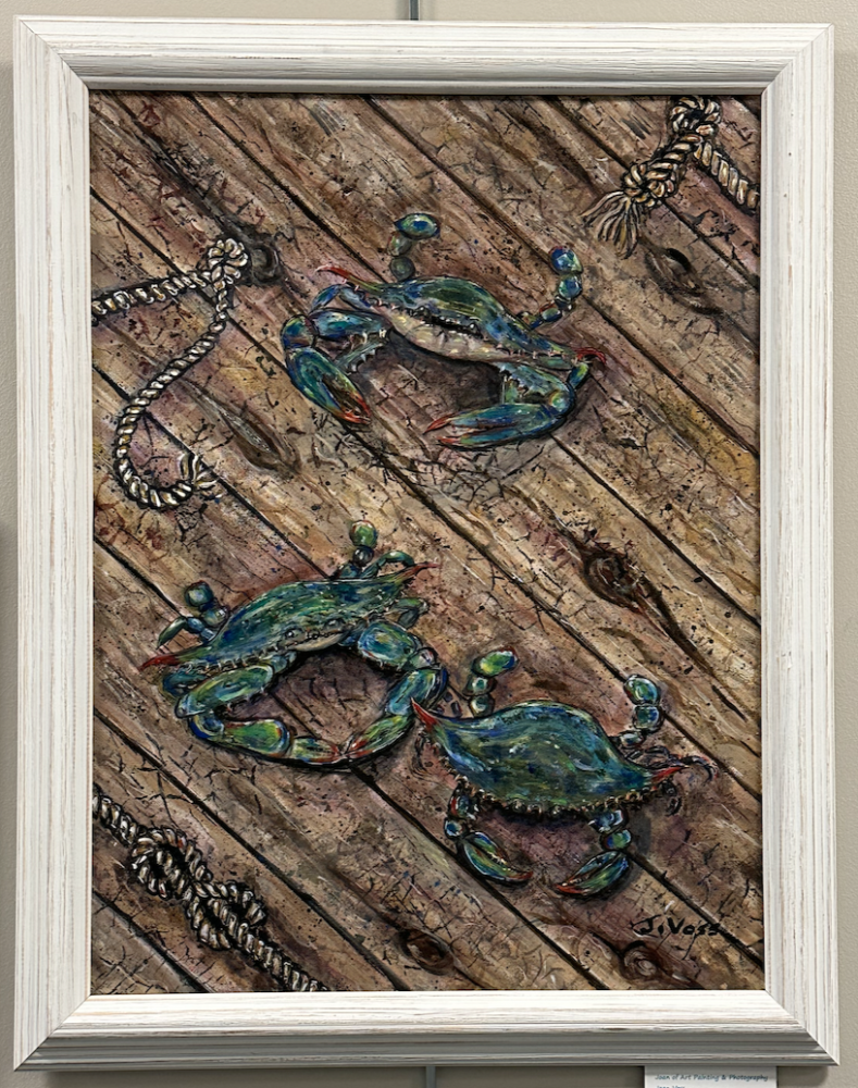 Oil painting of crabs on a dock