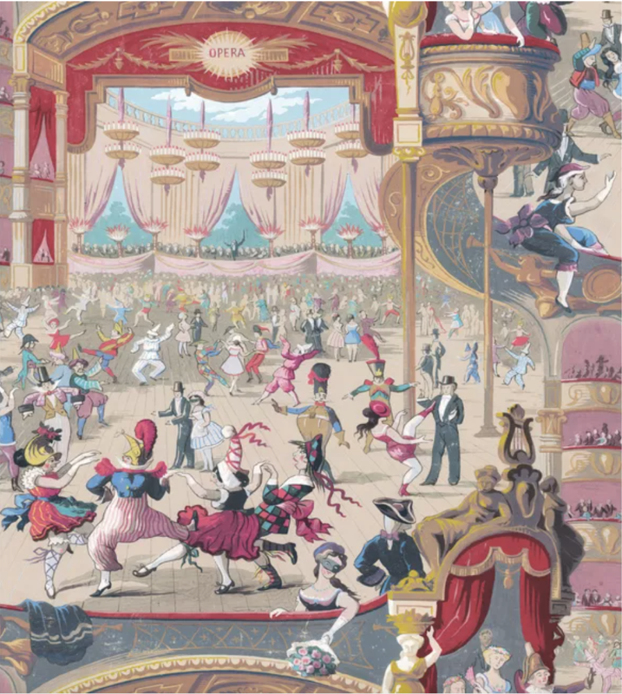 Cartoony colorful wallpaper showing actors on stage