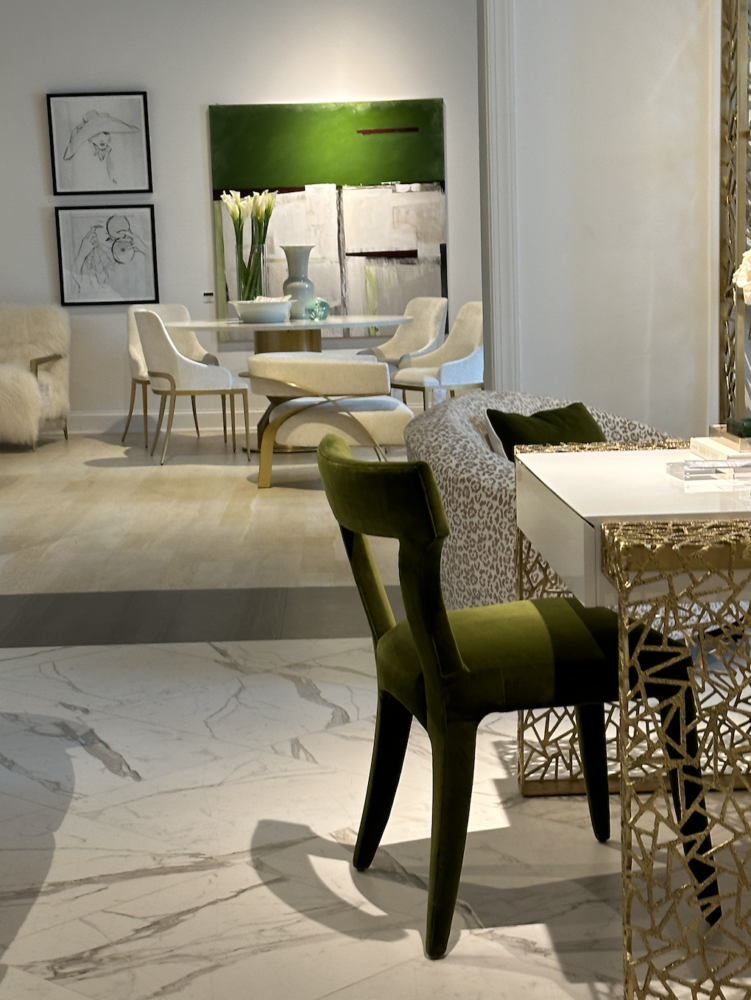 Green dining chair with green modern art in the background