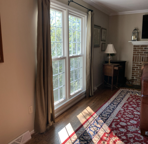 Floor-to-ceiling windows in a traditional family room