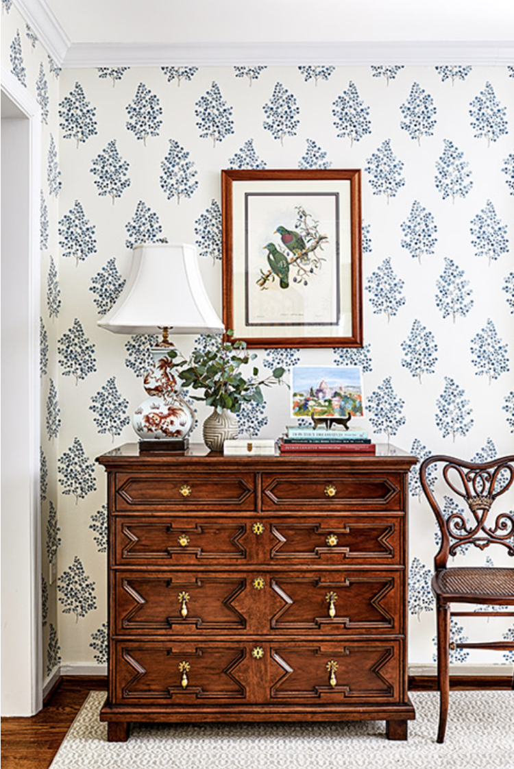 Antique chest against blue and white wallpaper with an English bird engraving