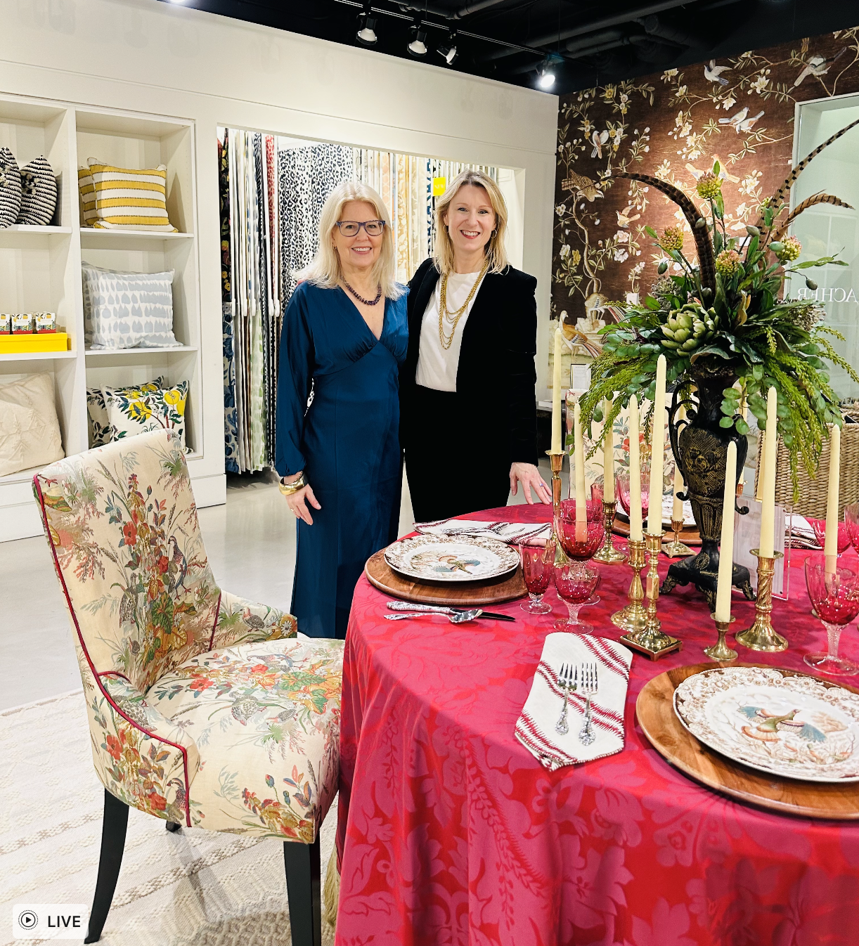 Annie and Amy at Holiday Tablescape for Schumacher