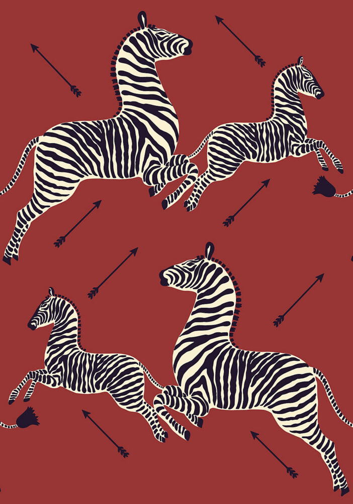 Pattern of cartoonish black and white Zebras and arrows against a red background