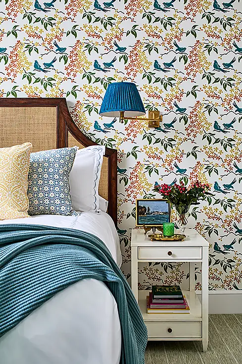 Night stand detail and design showing linens