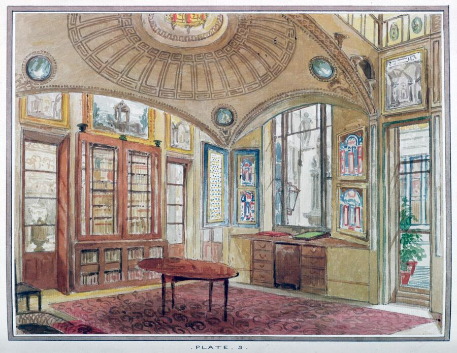 Watercolor sketch of airy, domed 18th-century breakfast room.