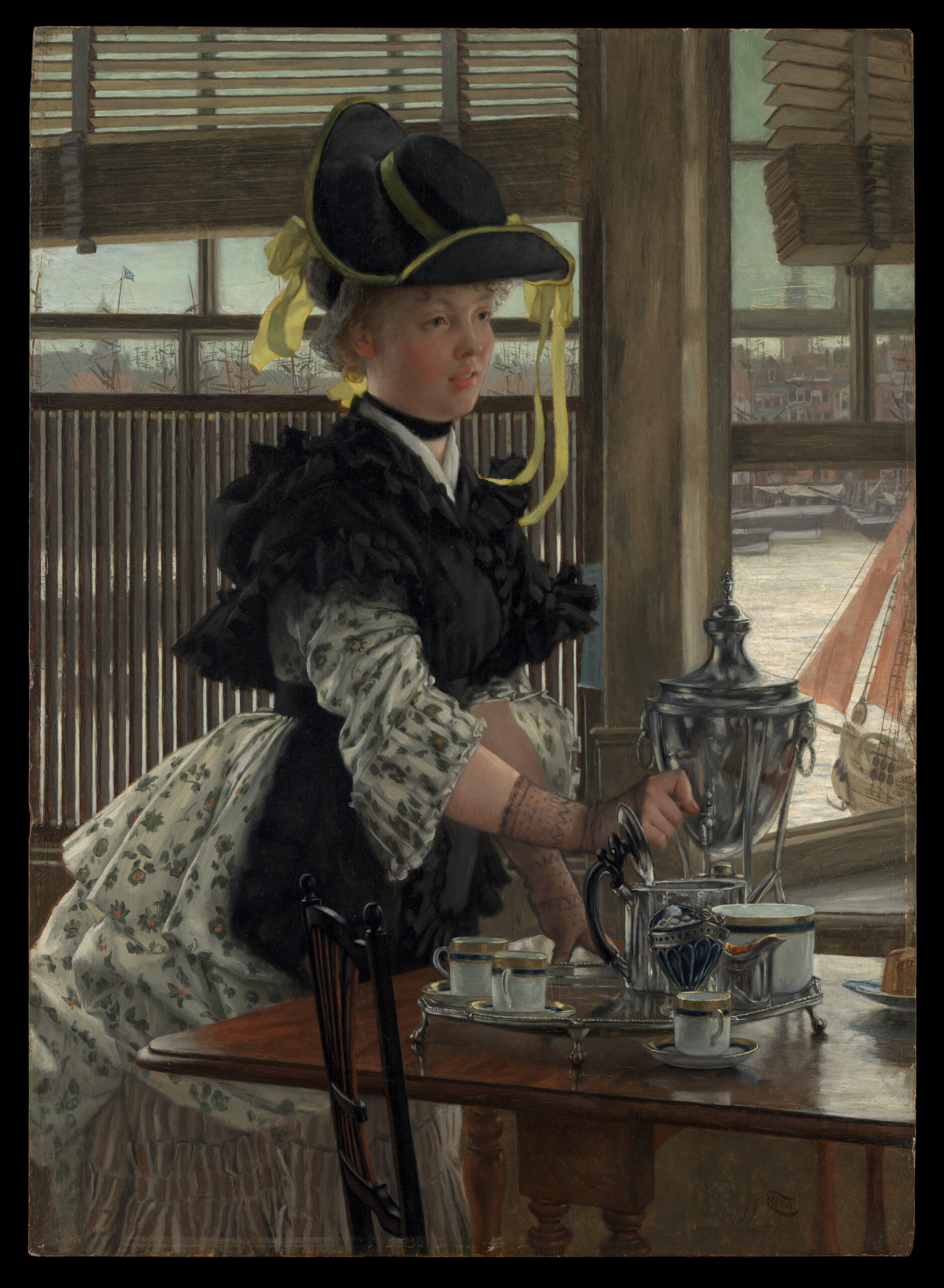 Painting of a woman having tea in front of a window with Venetian blinds