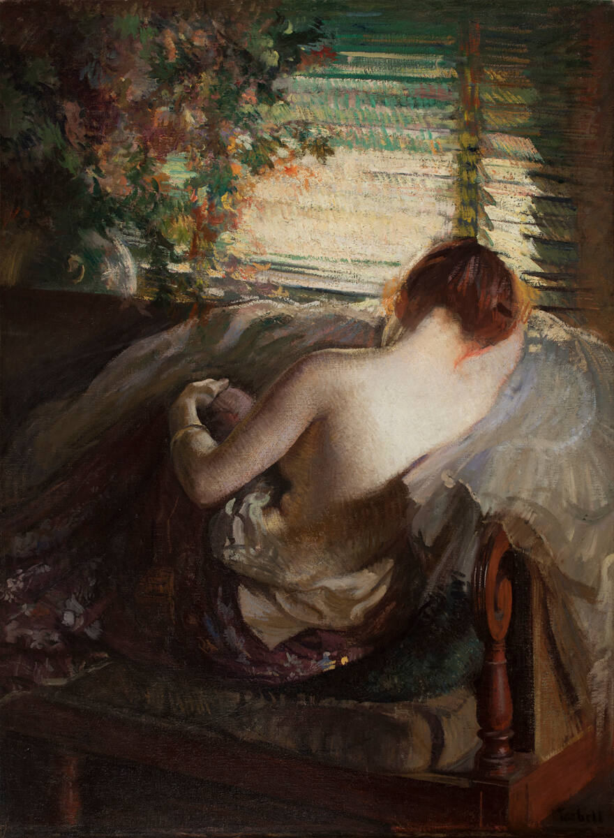 Painting of a woman in front of a window with blinds