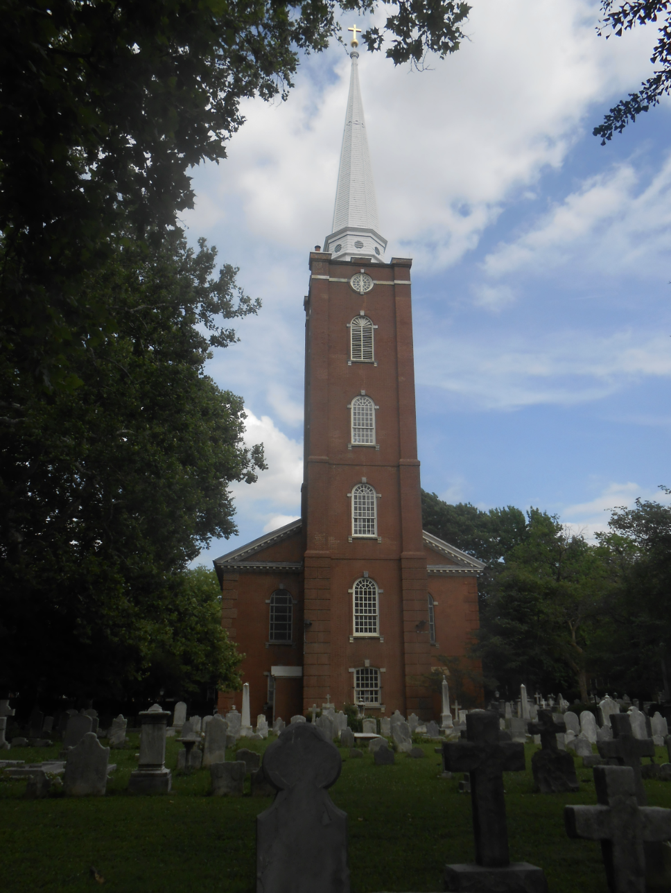 Exterior photograph of historic brick church