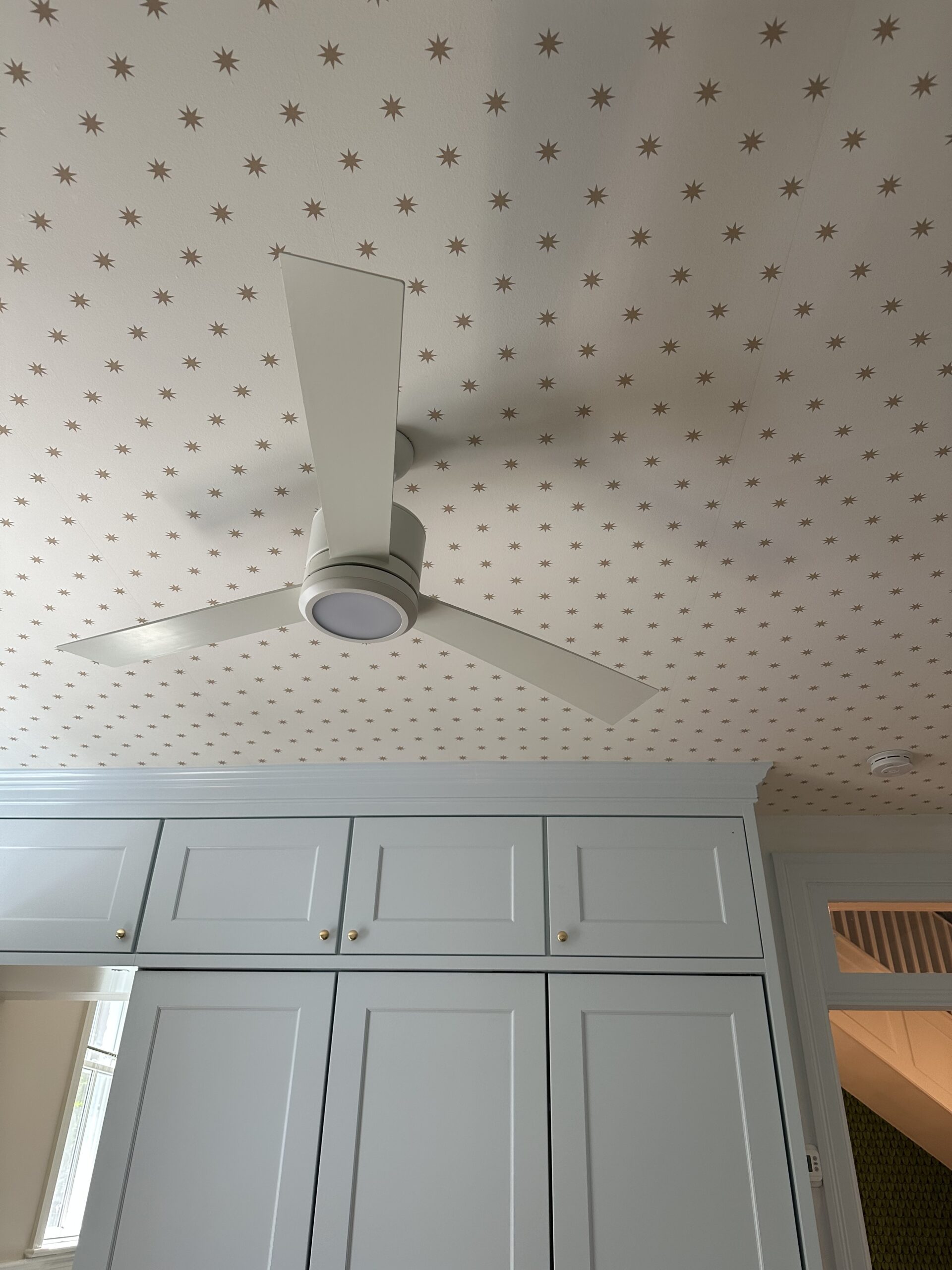 Bronze and white star patterned wallpaper on a ceiling.
