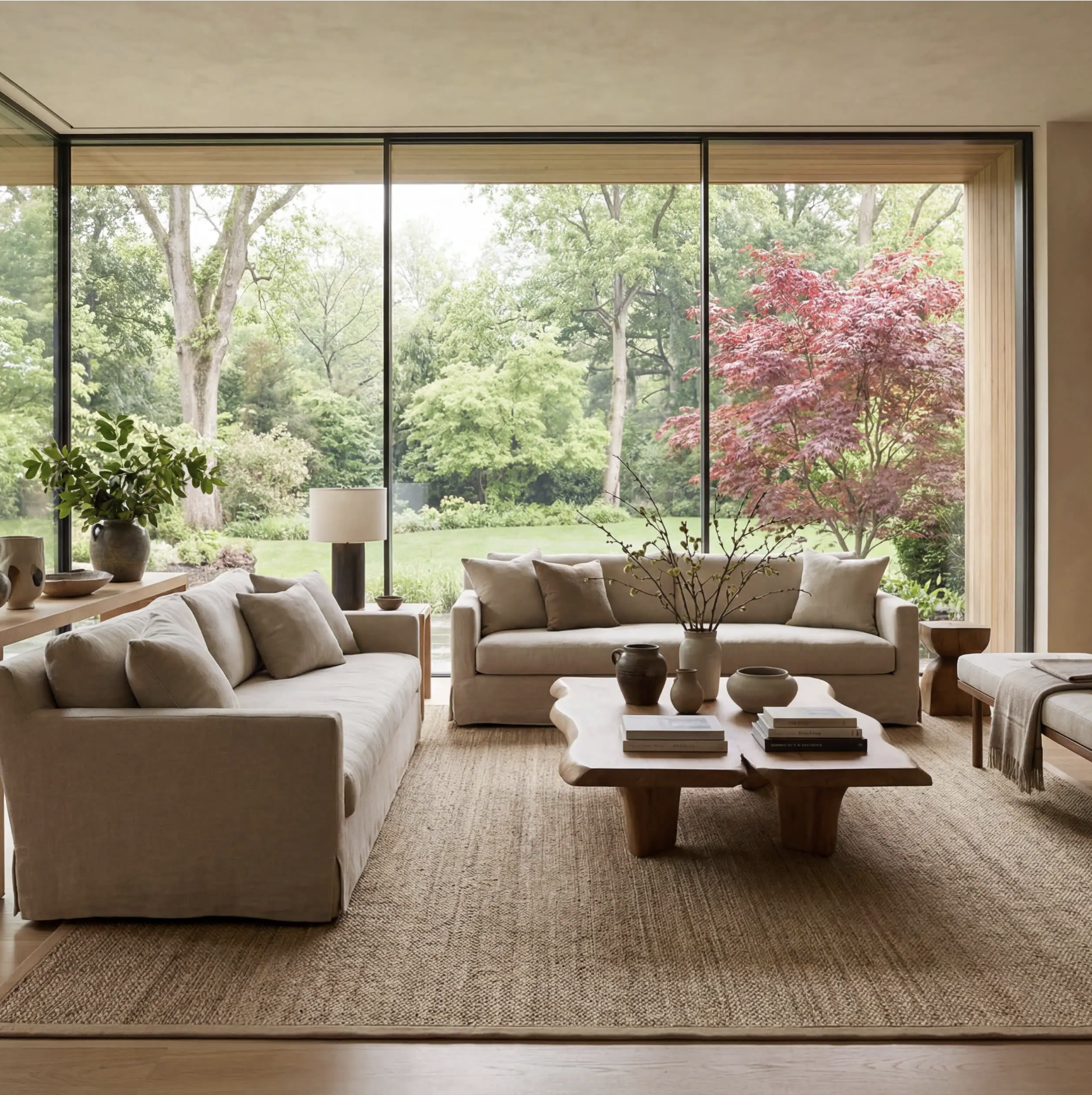 Beige furniture on seagrass rug.