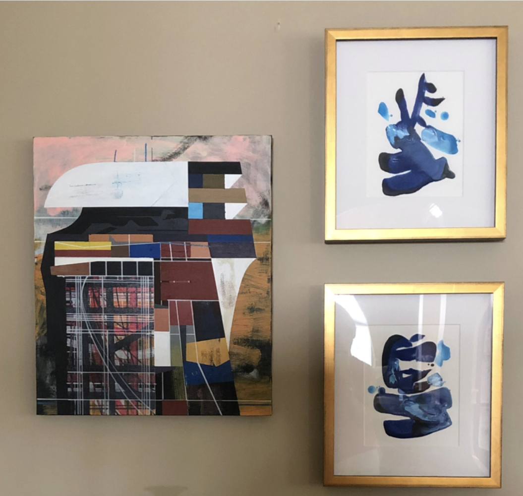 Three pieces of art. Two of the three are blue and white.