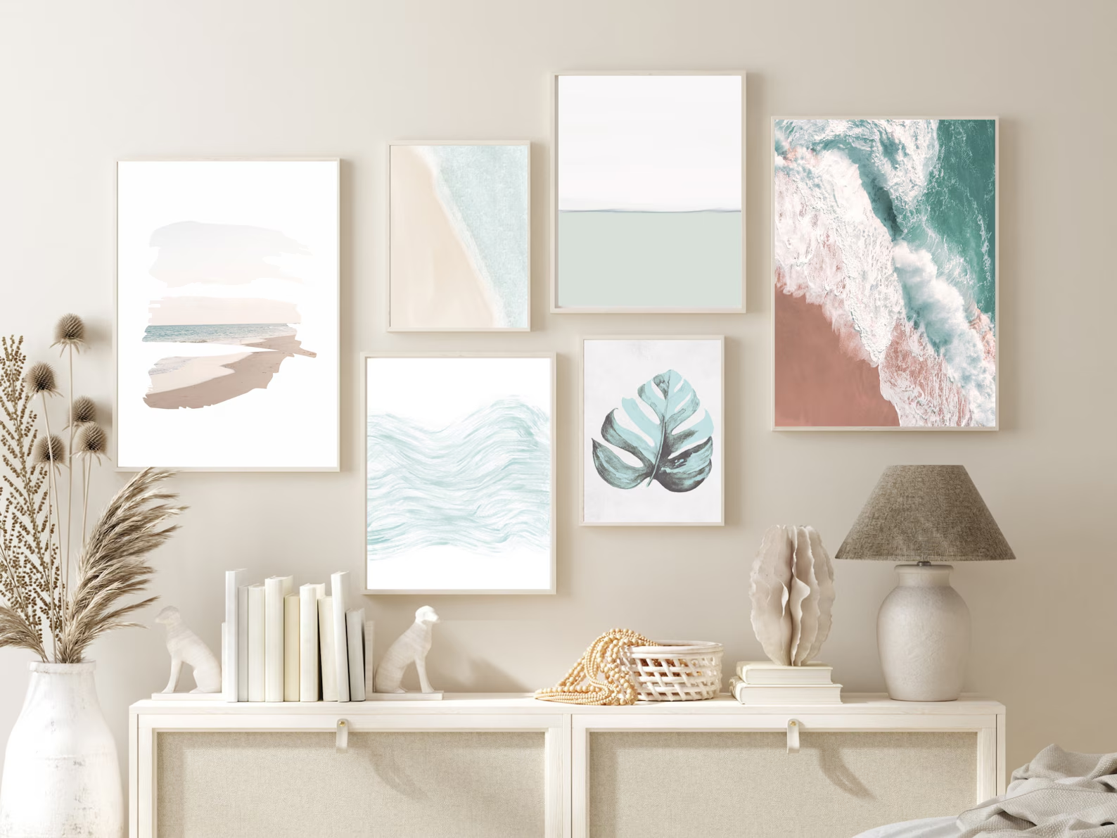 Gallery wall of beach themed art