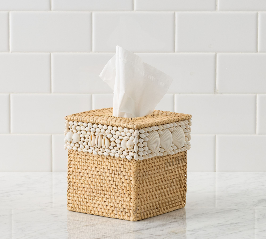 Kleenex tissue box decorated with shells
