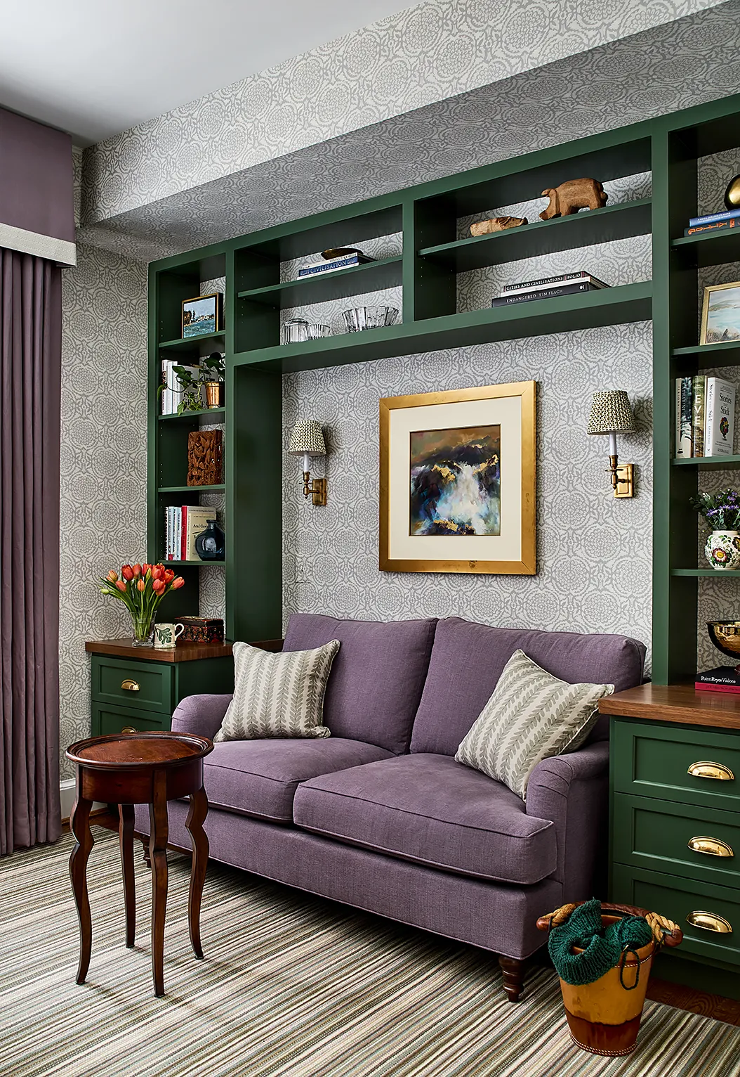 Woodley Park seating with shelves and bookcase