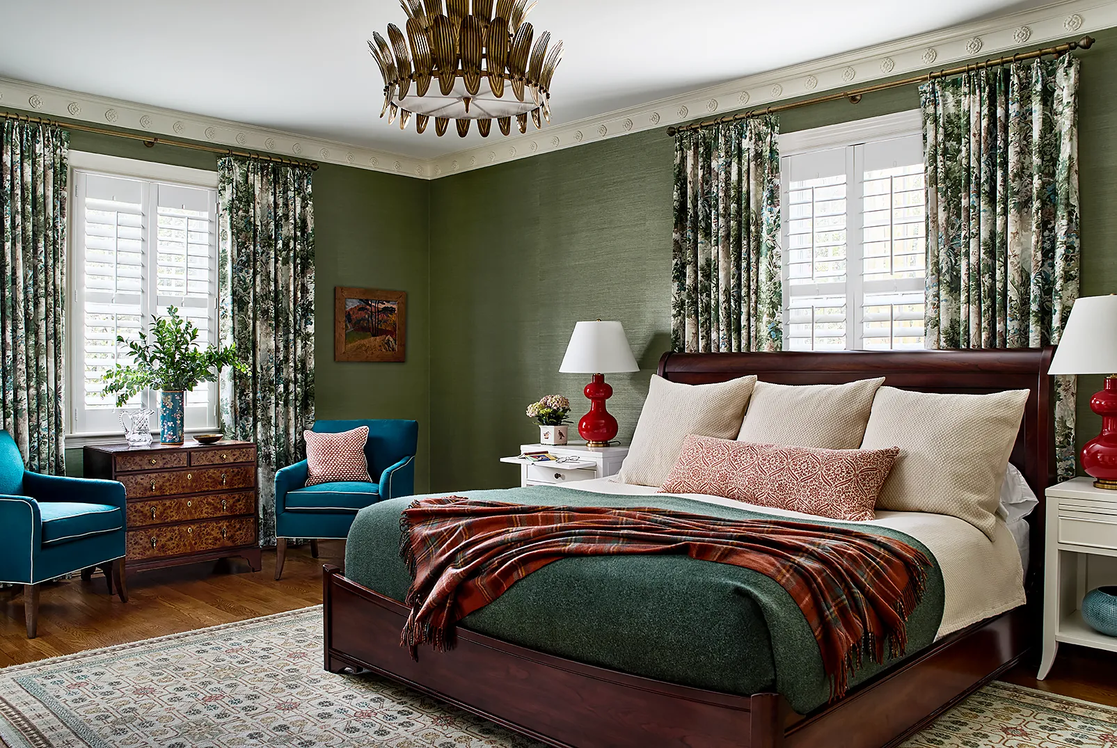 Woodley Park DC design of bedroom with rich green walls, floral drapes and warm elegant mood.