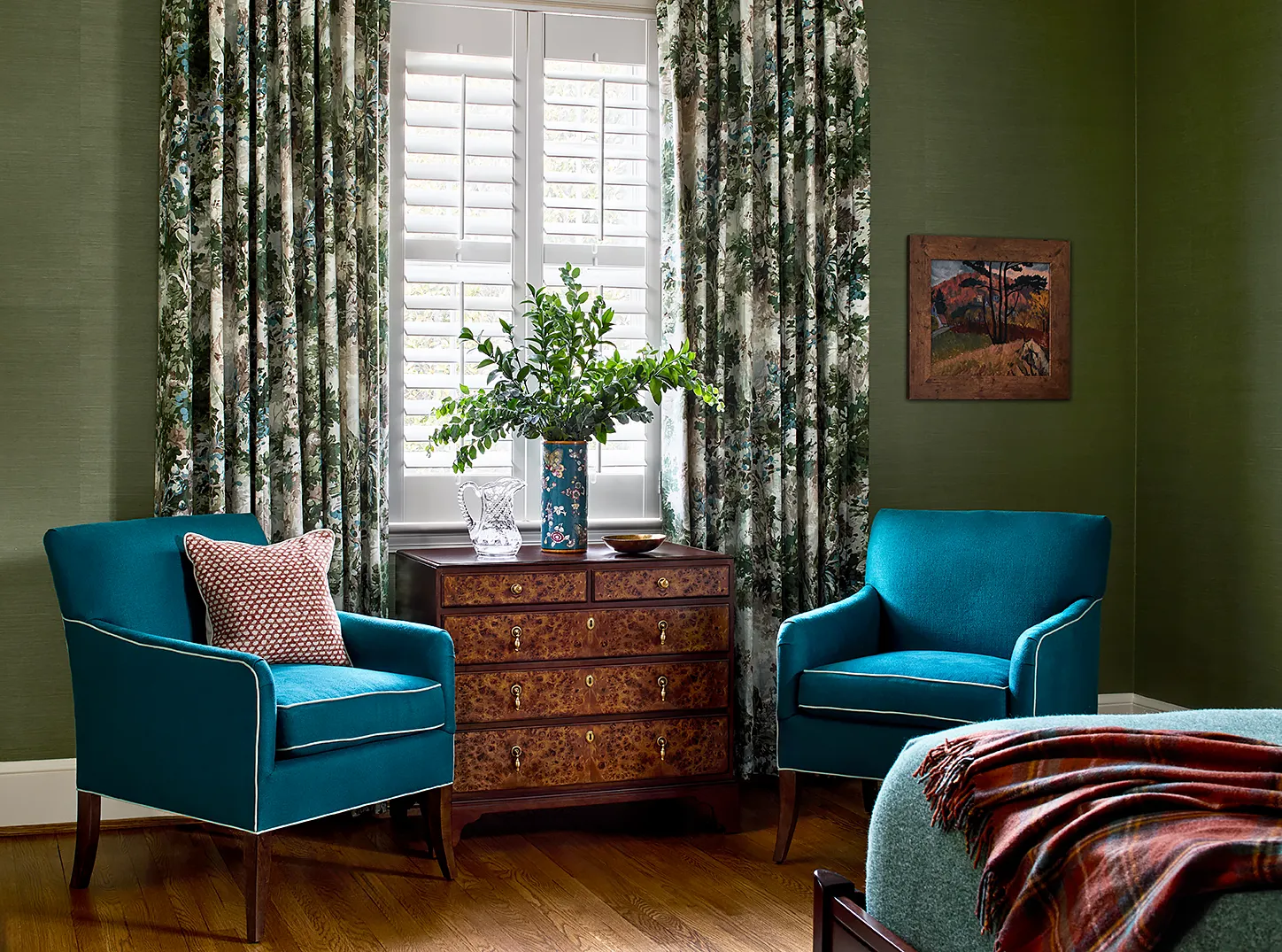 Woodley Park DC design seating, console, floral drapes and wallpaper