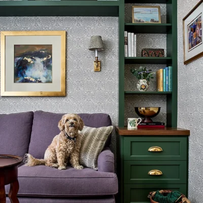 Woodley Park design custom shelves and wallpaper with dog