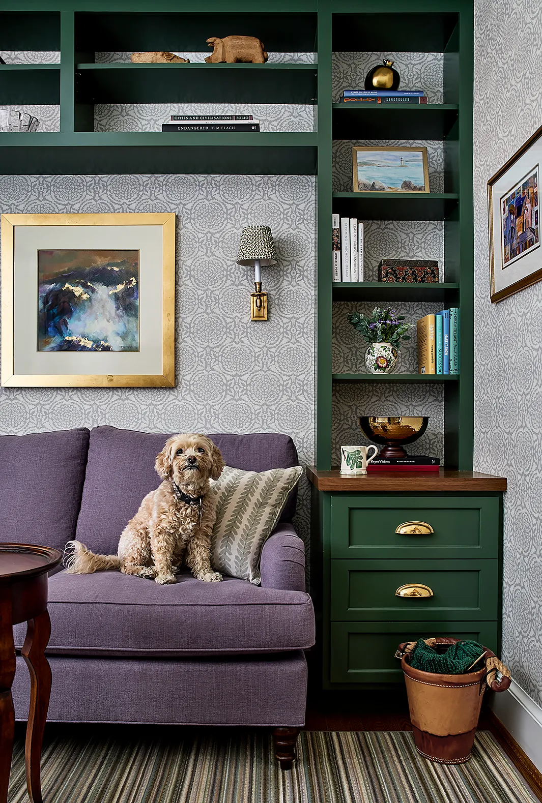 Woodley Park design custom shelves and wallpaper with dog