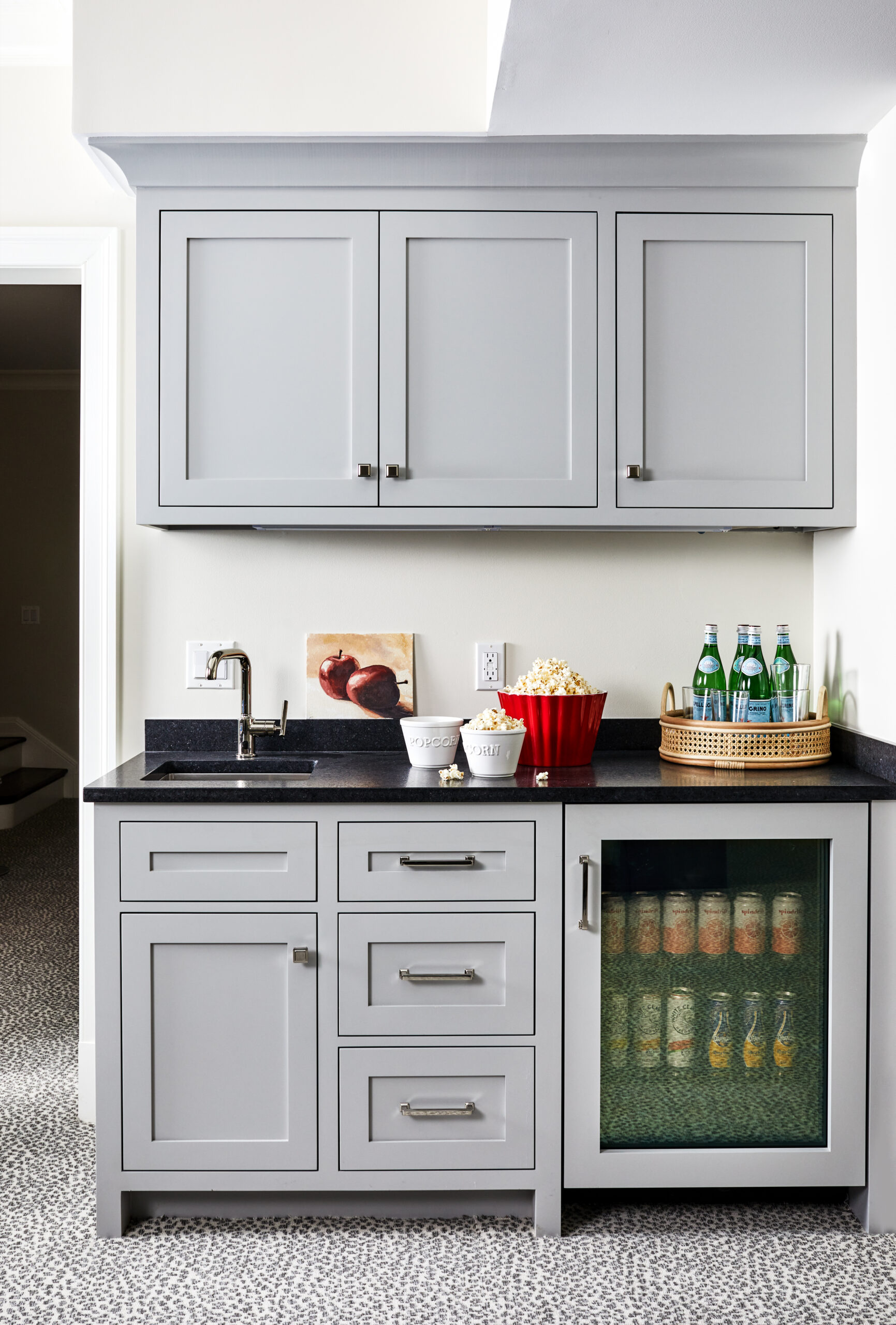 Bar with gray cabinets and beverage fridge 