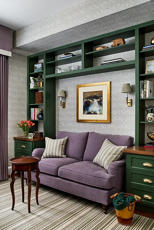 Woodley Park office redesign with open shelves, and background wallpaper.