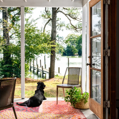 Dog sitting on layered rugs near the water