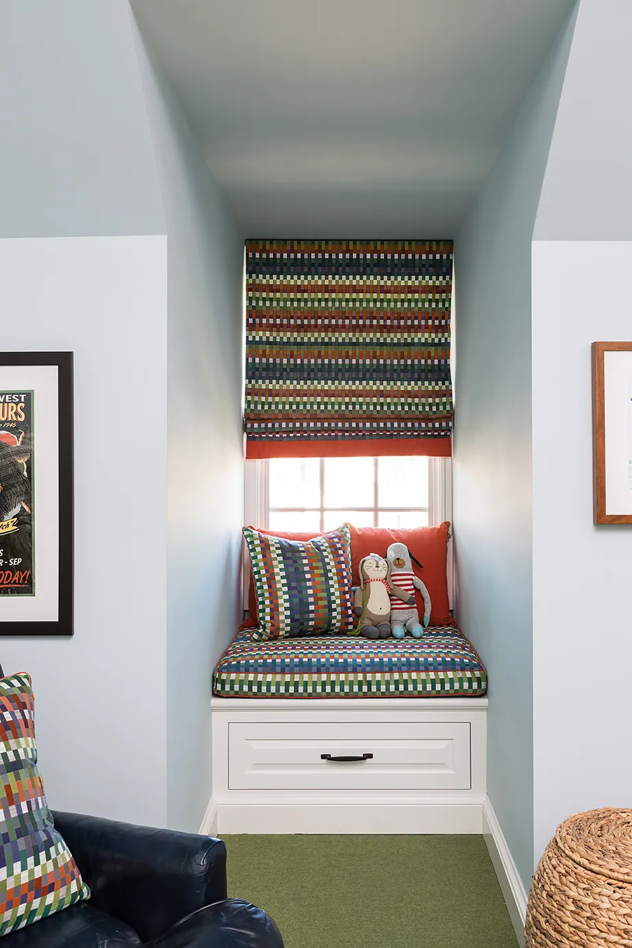 Window nook with fabric window treatment, cushion, pillows and storage