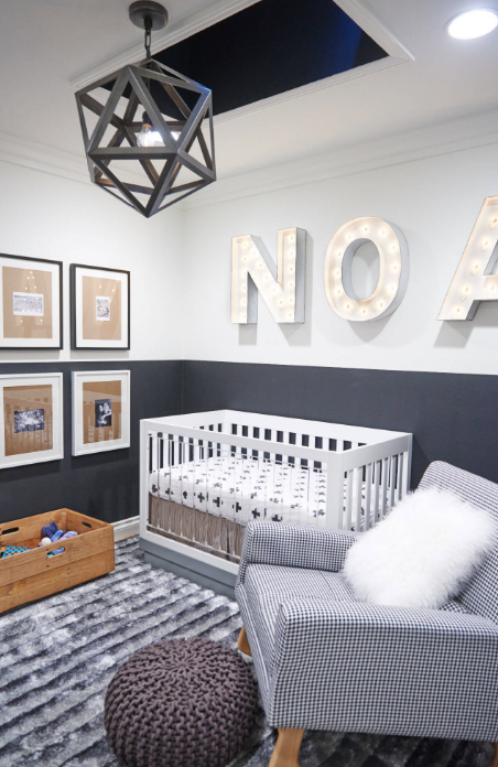 Example of a gray, black and white child's bedroom.