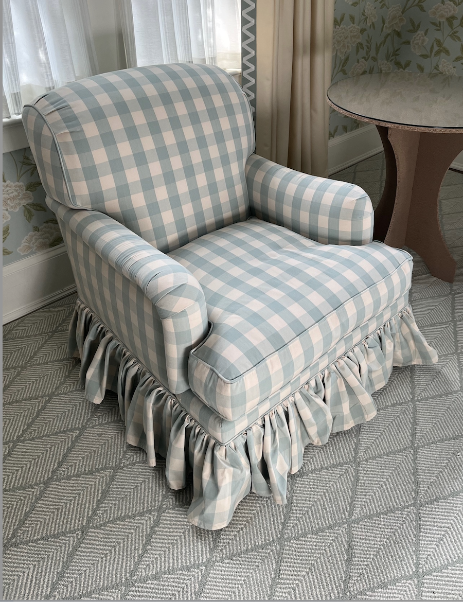 Blue and white plaid chair with skirt
