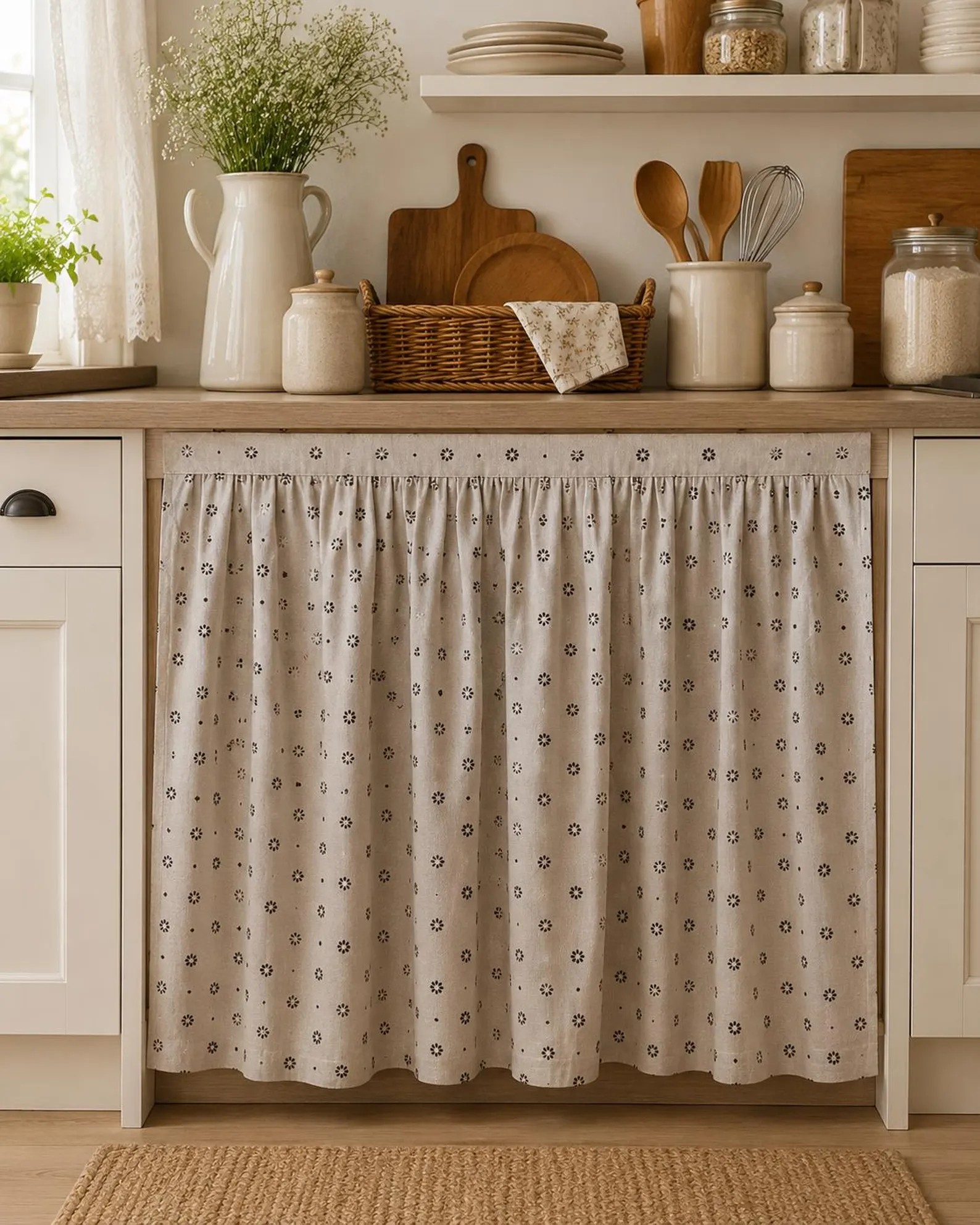 Patterned cabinet skirt in kitchen