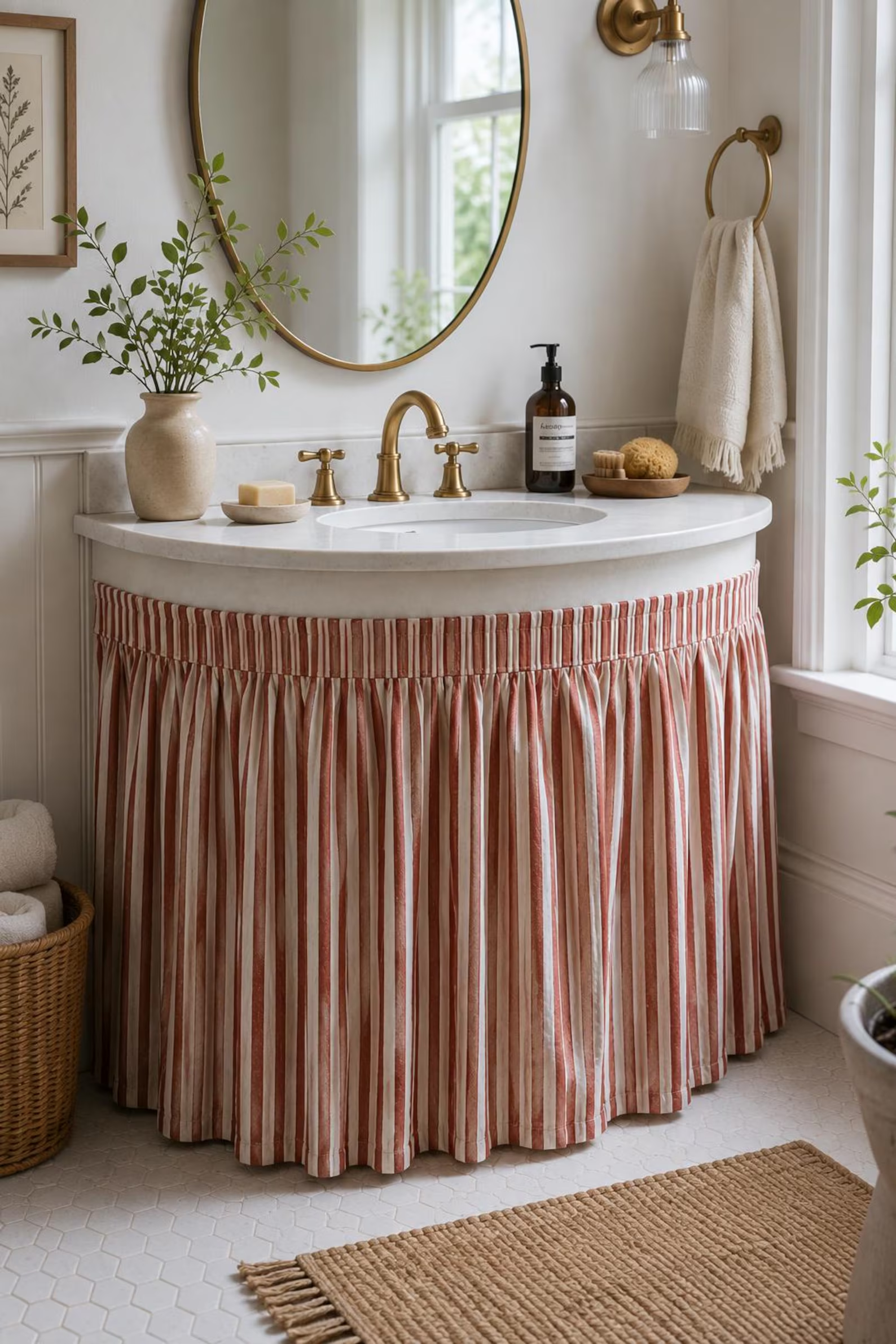 Sink with red and white skirt 