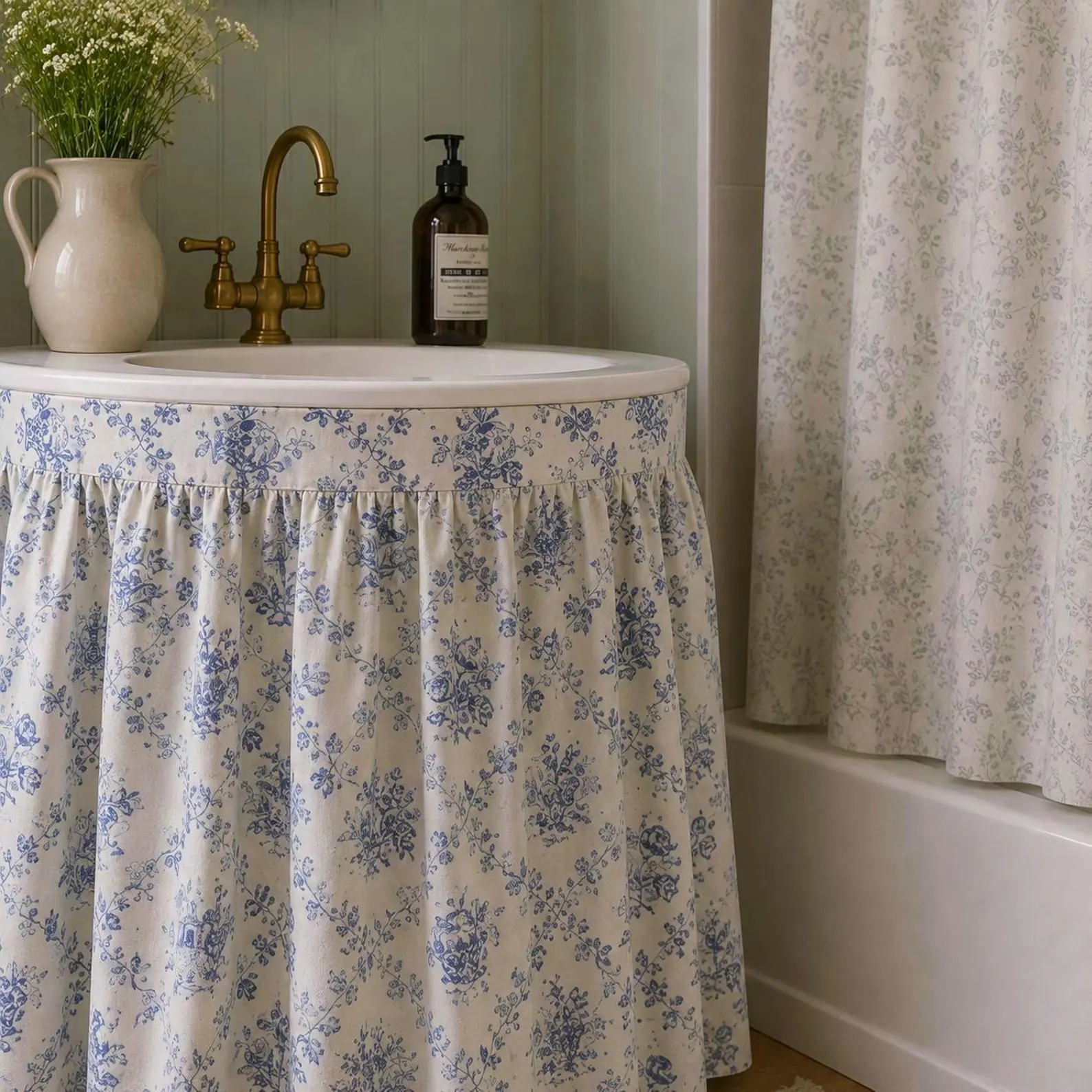 Sink with blue and white toile skirt