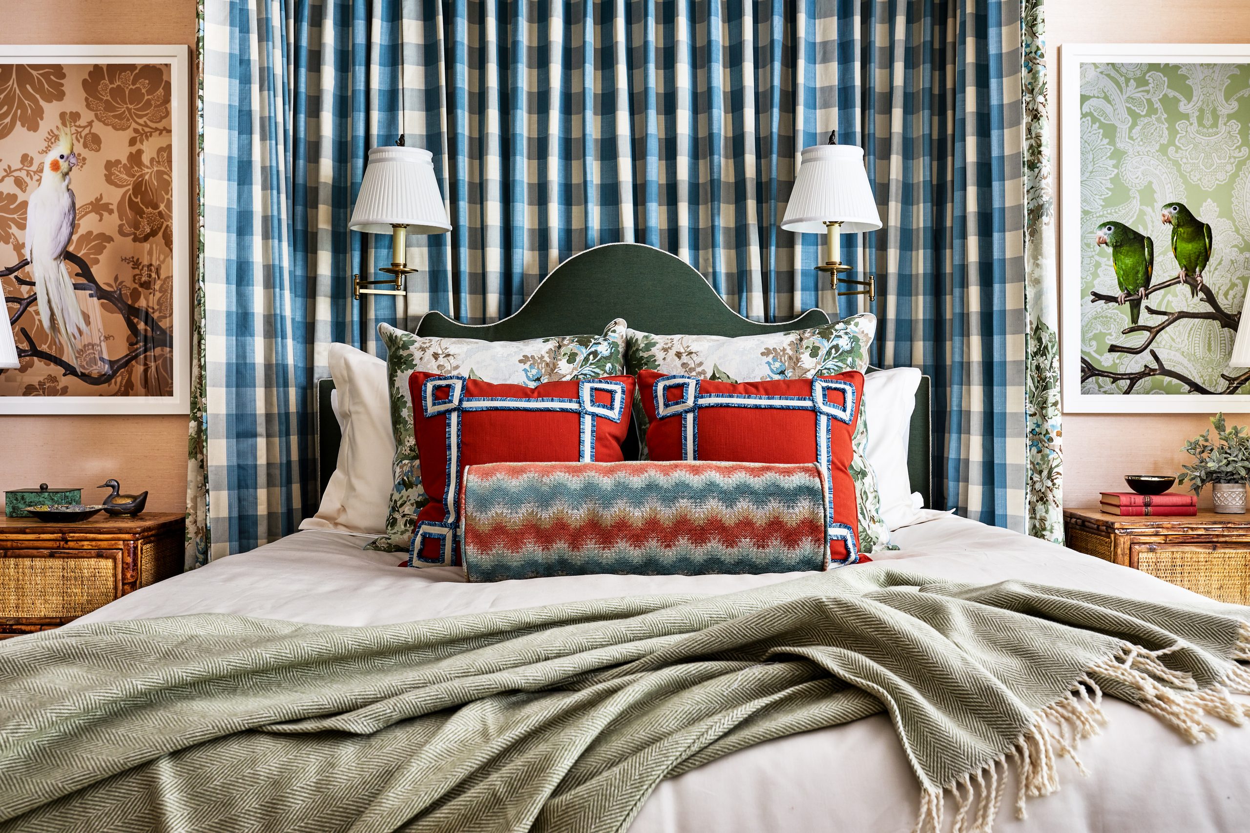 Bed with four colorful rows of pillows